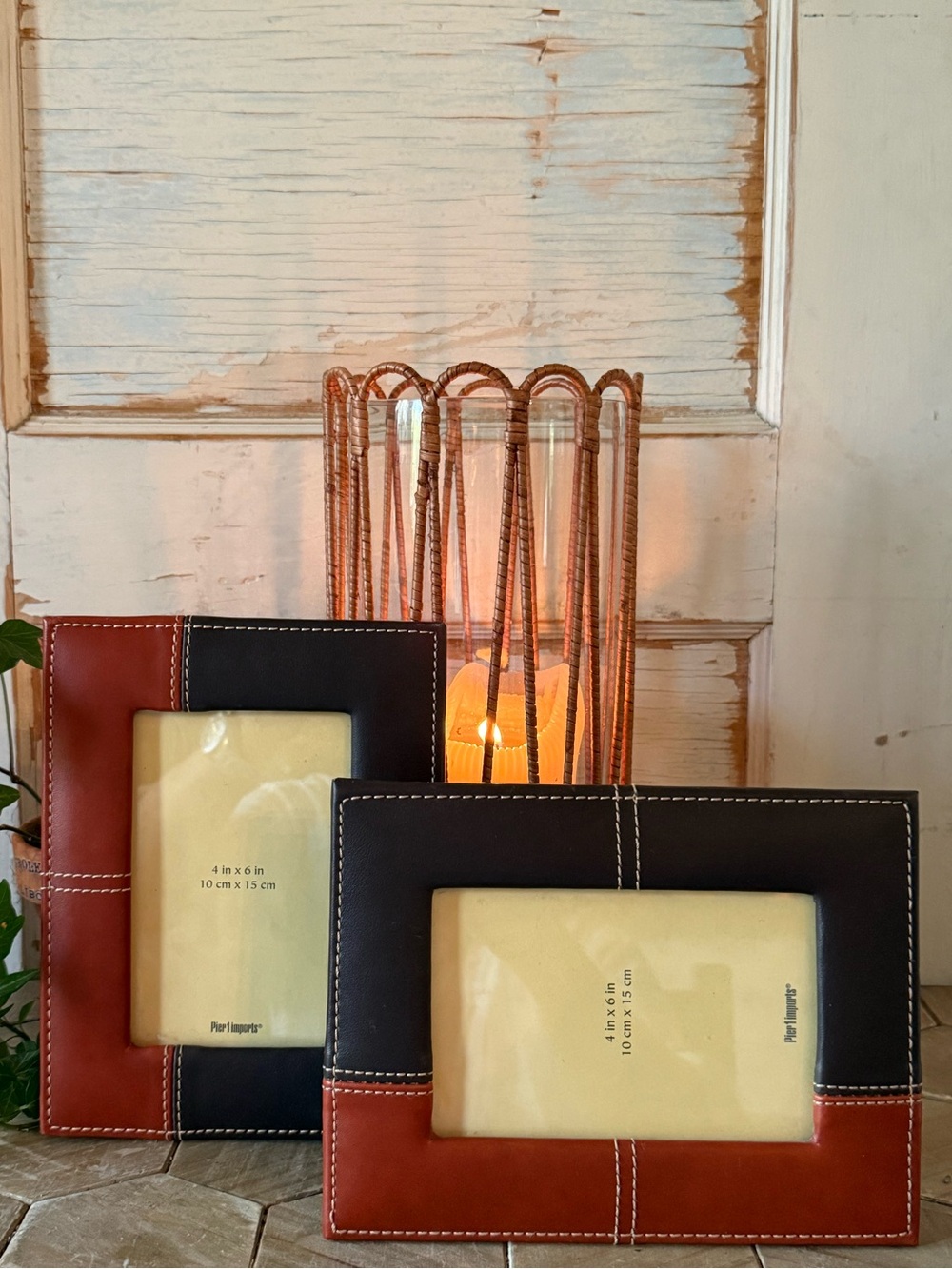 NWOT! Pier One Imports Vegan Leather, Rustic Frames, Set of 2, 4”x6” Photos - Picture 2 of 5